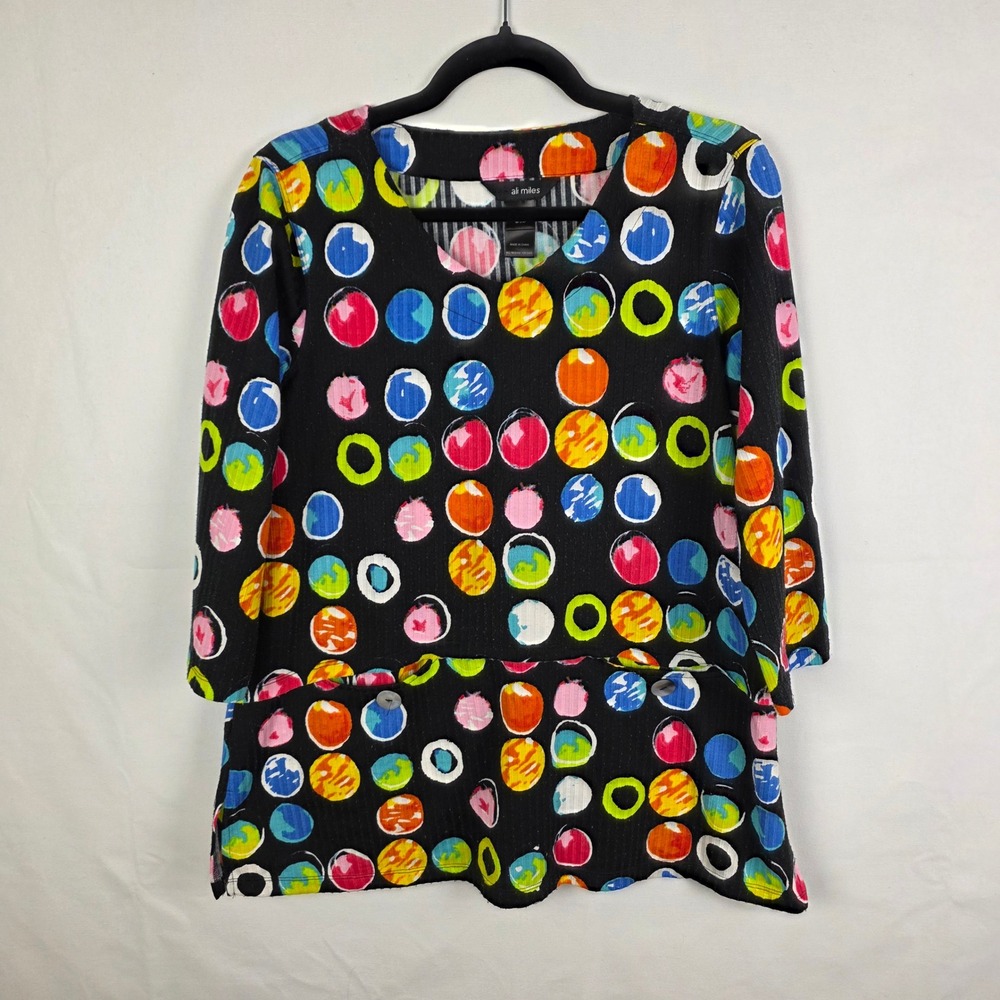 Ali Miles Womens Small Polka Dot Tunic V-Neck 3/4 Sleeve Multi Color‎ Ribbed Top